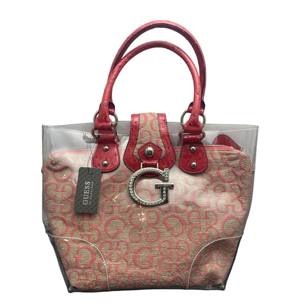 Y2K NWT Pink Guess Clear Tote Purse with Removeable Travel Bag